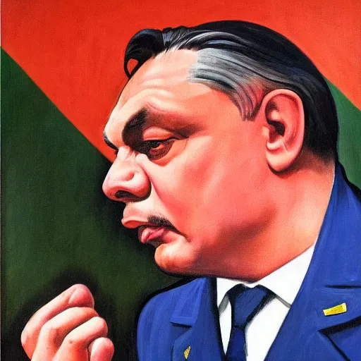 Image similar to highly detailed propaganda poster portrait of the leader of fascist hungary, viktor orban participating in a traditional pig slaughter, painted by edward hopper