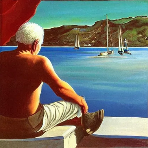 Image similar to painting by salvador dali of a senior grey haired caucasian man seen from behind, sitting on a deck near the harbor, boats and water. it is a beautiful summer day