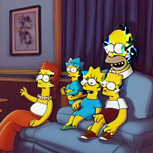 Prompt: Simpsons family sitting on the couch watching TV Stanley Artgerm Lau, dynamic lighting, stunning visuals, creative, trending on art station -150