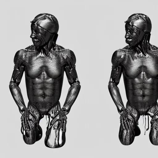 Image similar to 3 d render melted humanoid, sculpture, chrometype, liquid metal, neotribal, raytraced, volumetric lightning, 8 k by wlop, innate studio h - 1 0 0 0 w - 1 0 0 0