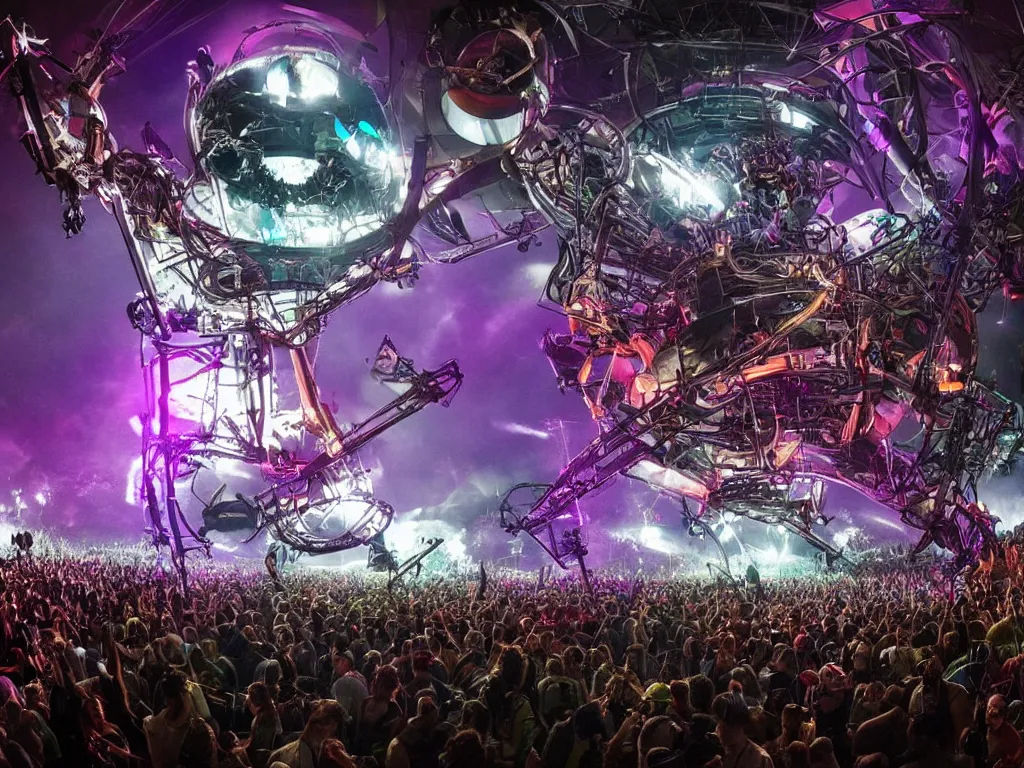 Prompt: an incredible masterpiece of a cyborg dj is playing a vast array of highly evolved and complex musical technology on a stage surrounded by an incredible and complex circular robotic structure playing highly evolved music overlooking a crowd at a forest festival lit by fire, by craig mullins