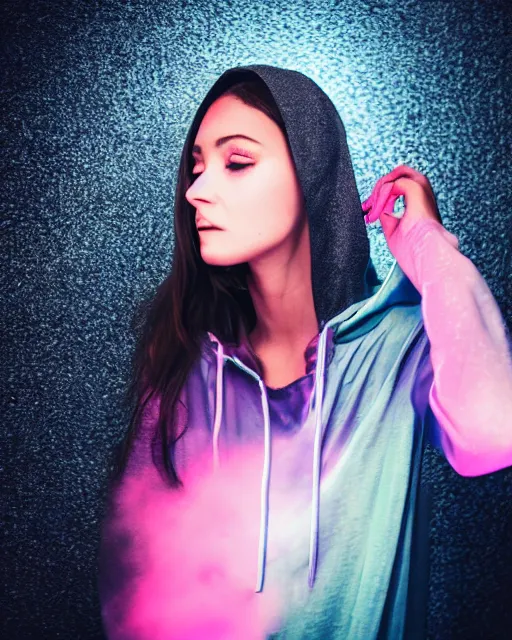 Image similar to a closeup portrait of as beautiful young woman wearing a transparent hoody standing in the middle of a busy night road, misty with lots of bright neon lights on the background, very backlit, moody feel, dramatic