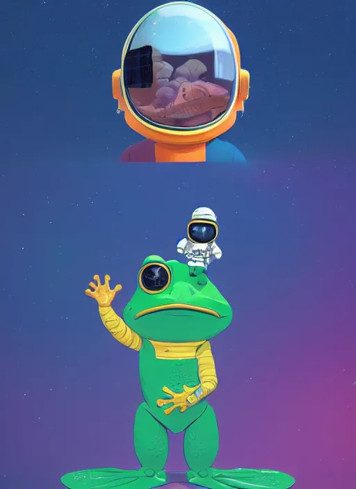 Image similar to a frog 🐸 as a astronaut standing top of the earth 🌎, au naturel, hyper detailed, digital art, trending in artstation, cinematic lighting, studio quality, smooth render, unreal engine 5 rendered, octane rendered, art style by kurzgesagt and nixeu and kim jung gi and greg rutkowski