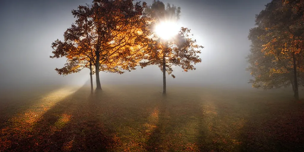 Prompt: wide angle photograph atmospheric light bloom autumn fog outside sunlight shining through windows reflections award winning contemporary interior