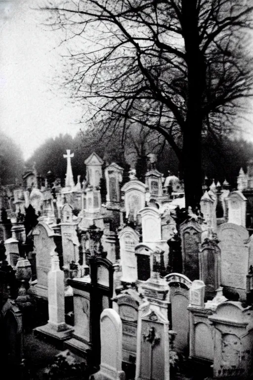 Image similar to Kodak T-MAX 3200 photo of creepy cemetery, 1910s paris, crow, scary, horror, dark mood