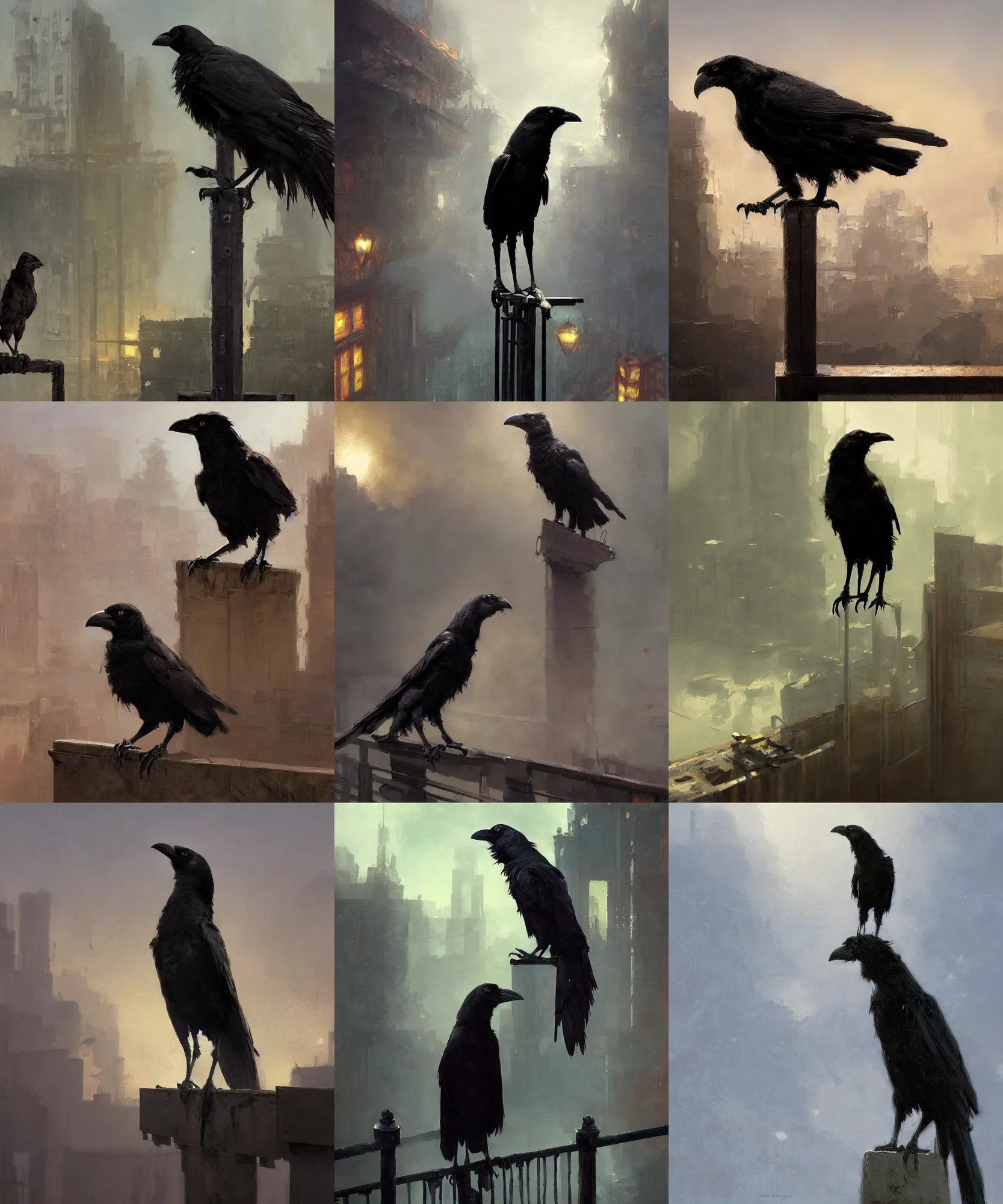 Prompt: digital art painting of a crow standing on a metal railing on top of a building painted by craig mullins and gaston bussiere and greg rutkowski, dramatic lighting