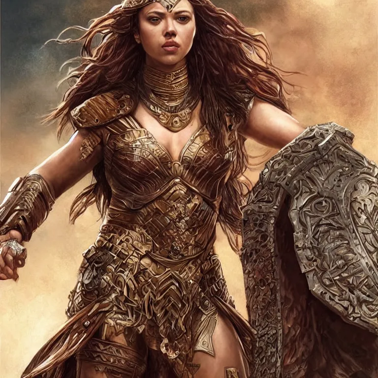 Image similar to scarlett johannson as an amazon warrior, a tall beautiful woman with brown skin and long hair, dressed in hellenistic body armor, intricate, elegant, highly detailed, smooth, sharp focus, detailed face, art by ardian syaf