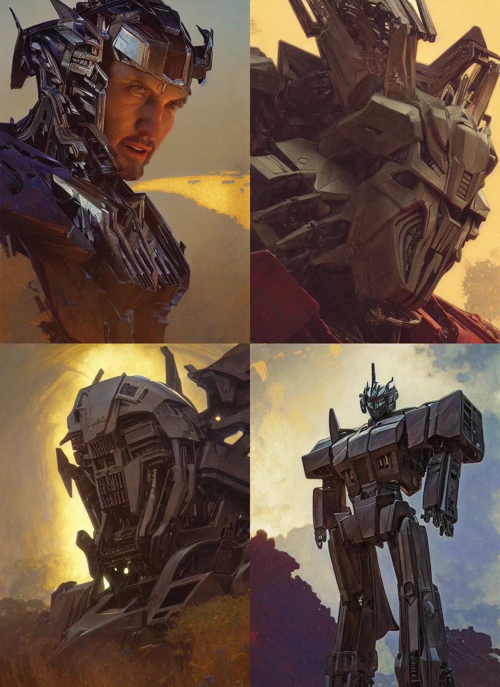 Prompt: Transformers IDW Collection Phase Two Volume 7 Concept Art Portrait (Handsome Megatron snarling seductively,) Highly detailed by greg rutkowski, Ilya repin, alphonse mucha, and Edmund Blair Leighton. Very highly detailed 8K, octane, Digital painting, the golden ratio, rational painting, sharp