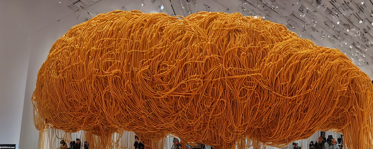 Prompt: famous sculpture made of spaghetti, at ny museum of modern art, in the style of damien hirst, kodachrome film, retro