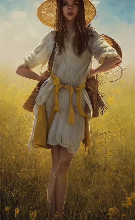 Prompt: anya taylor - joy emma watson, symmetrical front view, blond fringe, straw hat, full body shot, yellow coat, meadow background, highly detailed, digital painting, artstation, concept art, sharp focus, illustration, art by aleksi briclot, raphael lacoste, magali villeneuve