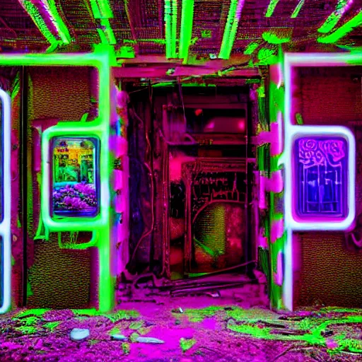 Prompt: futuristic, neon, intricate, vaporwave, hd 8 k, nature photography, abandoned, overgrown, candy shop