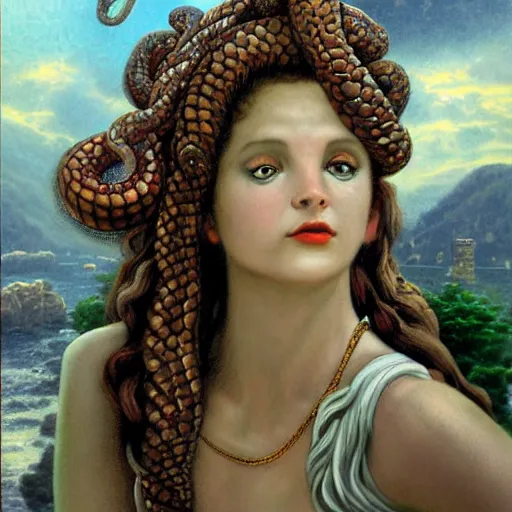 Prompt: realistic mythological greek medusa, snakes on the head, by thomas kinkade - n 9