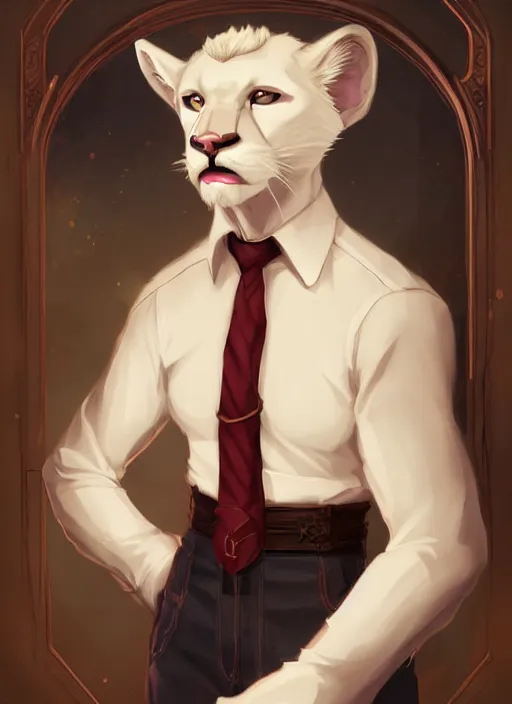 Image similar to beautiful portrait commission of a male furry anthro albino mountain lion with dark red eyes wearing a dress shirt in an old-timey Saloon. Atmospheric. Character design by charlie bowater, ross tran, artgerm, and makoto shinkai, detailed, inked, western comic book art