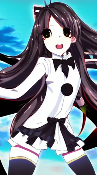 Image similar to Anime Screenshot of a “red-eyed black-haired anime fox girl” wearing black fingerless-gloves, high-waist-black-skirt, white-collared-shirt blue-open-jacket, black-necktie, unsheathing her katana, white background, visual-key, anime illustration, pixiv, anime-twitter