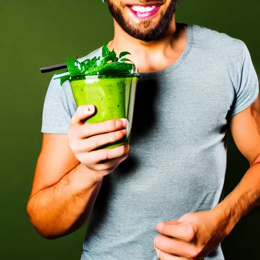 Image similar to male athlete with green smoothie in hand in the style of kurzgesagt