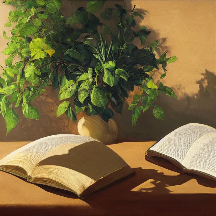 Image similar to still life painting of large book and greenery by tony ackland, oil on canvas, strong lighting, highly detailed, hyper realism, golden hour, god rays, hd, 4 k