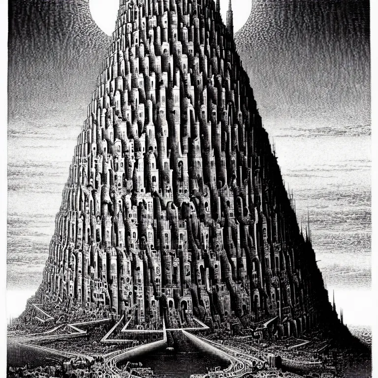 Image similar to the tower of babel. extremely high details, perfect face, black and white, masterpiece, magnum opus engraving by gustave dore, jean giraud, philippe druillet