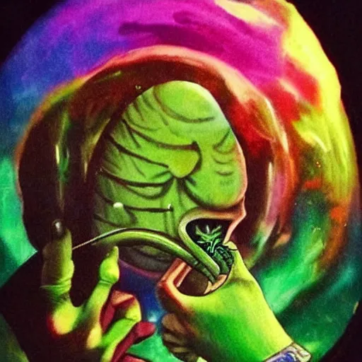 Prompt: alien smoking weed and getting high, rips bong, raggae art, # 4 2 0, # smokeweedeveryday, rasta