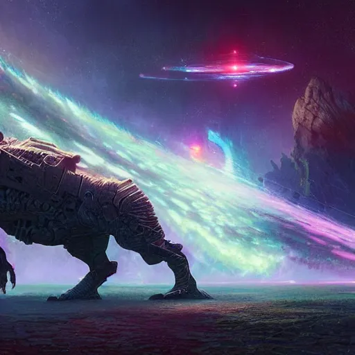 Prompt: matte digital artwork of the galactic beast, iridescent scales, by greg rutkowski and tim white