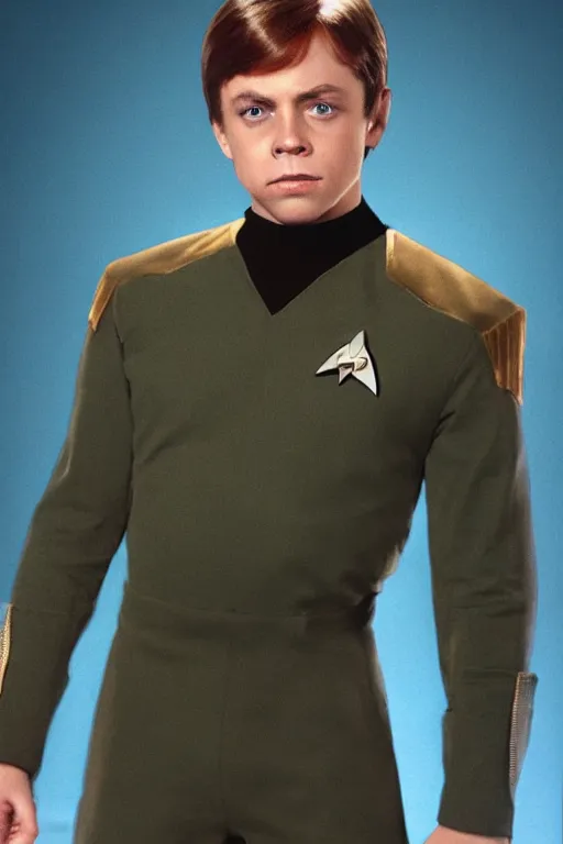 Image similar to photorealistic!! young adult mark hamill as a star trek captain, red starfleet uniform, film quality