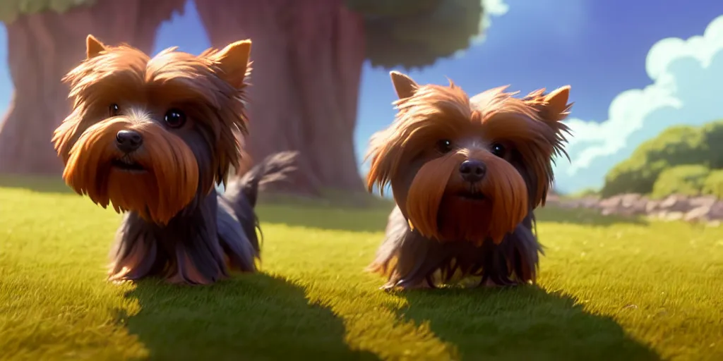 Prompt: a wholesome animation key shot of a brown and ashy 1 3 - year - old yorkshire terrier, studio ghibli, pixar and disney animation, sharp, rendered in unreal engine 5, anime key art by greg rutkowski, bloom, dramatic lighting