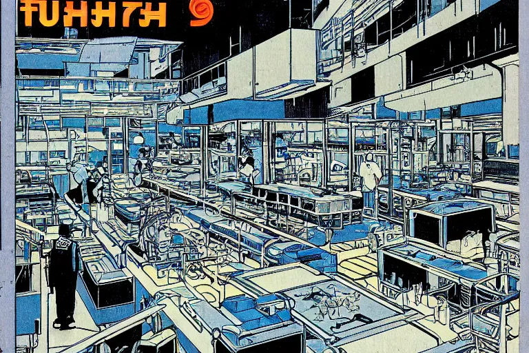 Prompt: 1 9 7 9 edition of automated tokyo fish processing plant. art in the style of vincent di fate's cyberpunk 2 0 2 0.