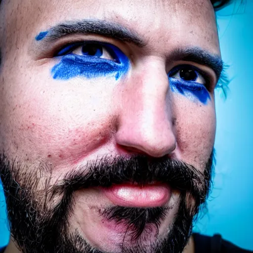 Image similar to fish eye lens close up photograph of a man with blue skin and a goatee side eyeing the camera with a sympathetic look