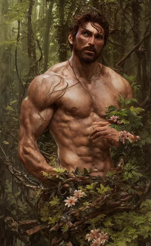 Image similar to god of the forest, 3 0 years old, rugged, handsome, male, detailed face, clean lines, atmospheric lighting, amazing, full body, flowers, muscular, intricate, highly detailed, digital painting, artstation, concept art, sharp focus, illustration, art by greg rutkowski and alphonse mucha