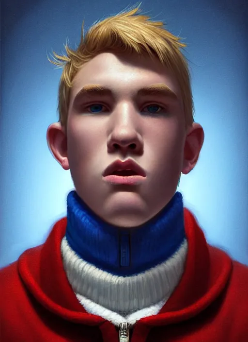 Image similar to portrait of high school senior boy named big moose, blonde short hair, jock, beefy, wide face, square jaw, square facial structure, blue varsity jacket with letter r, intricate, elegant, glowing lights, highly detailed, digital painting, artstation, concept art, sharp focus, illustration, art by wlop, mars ravelo and greg rutkowski