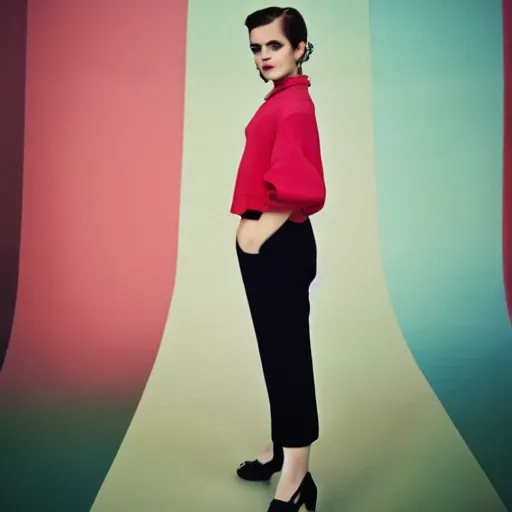 Prompt: Retro color photography 1960s fashion photoshoot of Emma Watson portrait Cinestill 800T, 1/2 pro mist filter, and 65mm 1.5x anamorphic lens