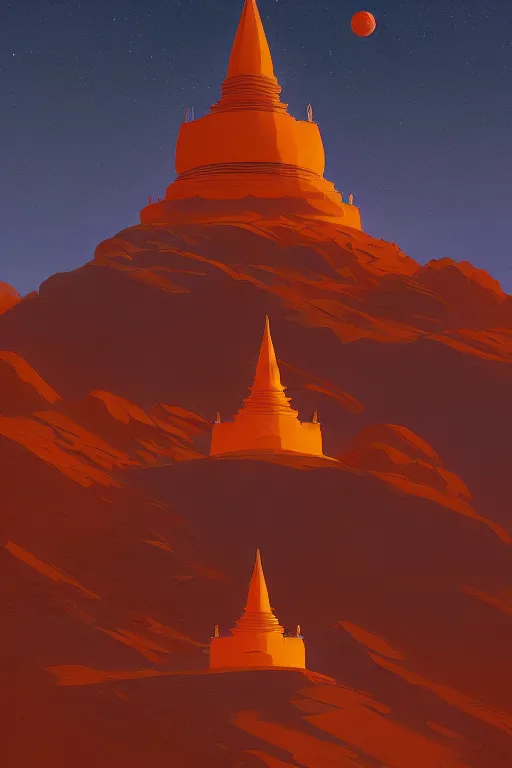 Image similar to tibetan stupas glowing orange in canyon, geometric lines in the sky, floating planets, dramatic lighting, artstation, matte painting, ralph mcquarrie, simon stalenhag