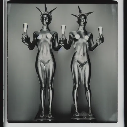 Image similar to three humanoid replicants who look like the statue of liberty, stand uncomfortably close to the camera, polaroid, flash photography, photo taken in a completely dark storage room where you can see some empty boxes in the background, very thick thighs