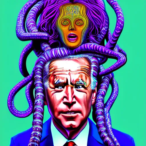 Image similar to an extremely psychedelic portrait of medusa as joebiden, surreal, lsd, face, detailed, intricate, elegant, lithe, highly detailed, digital painting, artstation, concept art, smooth, sharp focus, illustration