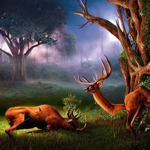 Image similar to Photorealistic skeletal elk in the garden of eden. Hyperdetailed photorealism, 108 megapixels, amazing depth, glowing rich colors, powerful imagery, psychedelic Overtones, 3D finalrender, 3d shading, cinematic lighting, artstation concept art