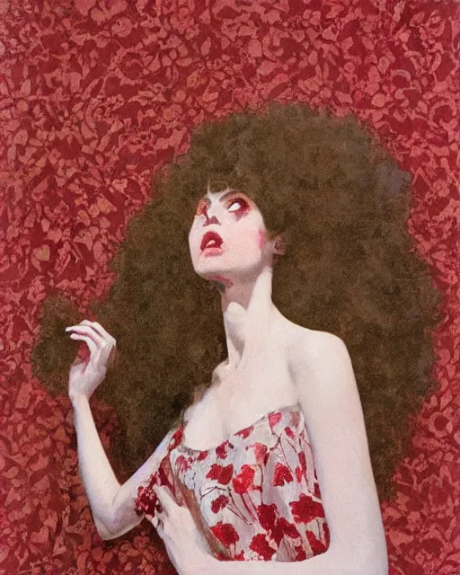 Prompt: a beautiful but sinister girl in layers of fear, with haunted eyes and curly hair, 1 9 7 0 s, seventies, floral wallpaper, delicate embellishments, a little blood, crimson, painterly, offset printing technique, by coby whitmore