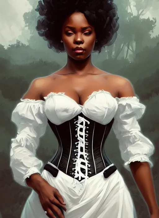 Image similar to cute black woman wearing a white corset dress, fantasy, intricate, highly detailed, digital painting, artstation, concept art, wallpaper, smooth, sharp focus, illustration, art by artgerm and greg rutkowski and alphonse mucha