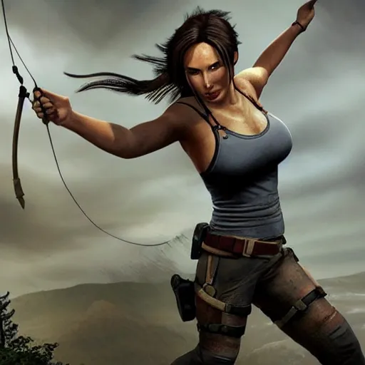 Prompt: Photograph of Lara Croft inflated like a balloon. Her body is huge and round, and she’s bulging out of her clothes.