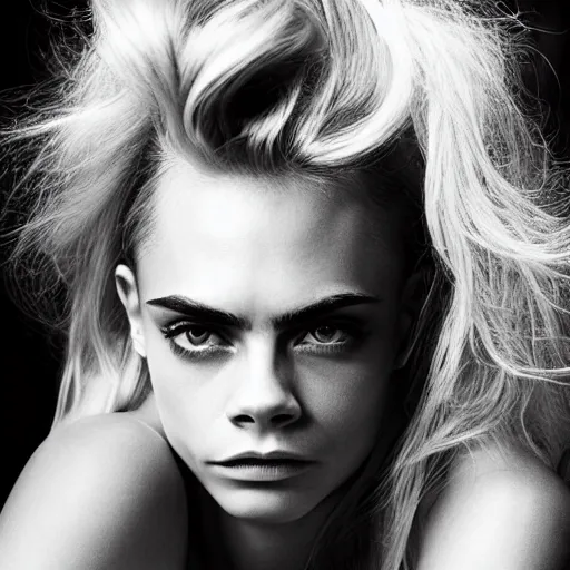 Image similar to photo of a gorgeous 20-year-old Cara Delevingne femme fatale waves hairstyle by Mario Testino, detailed, head shot, award winning, Sony a7R -