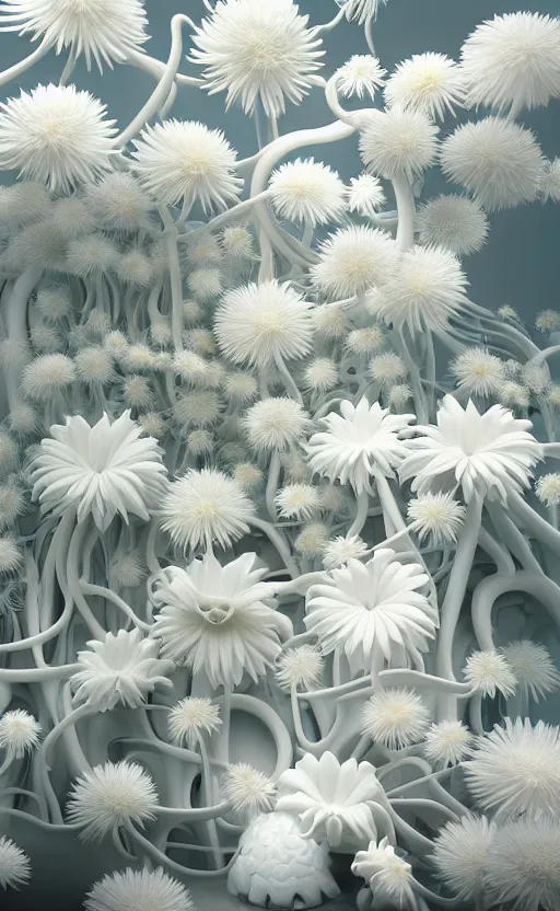 Prompt: beautiful porcelain ivory elegant biomechanical cyborg city architectural landscape, biophilic, arches, bridges, vincent callebaut composition, mamou - mani, iris van herpin, elegant haute couture, minimalist, porcelain magnolia fluid fractal nebula, daisies, colorful puffballs, rhizomorphs, hyper detailed, ultra sharp, soft light, 8 k,