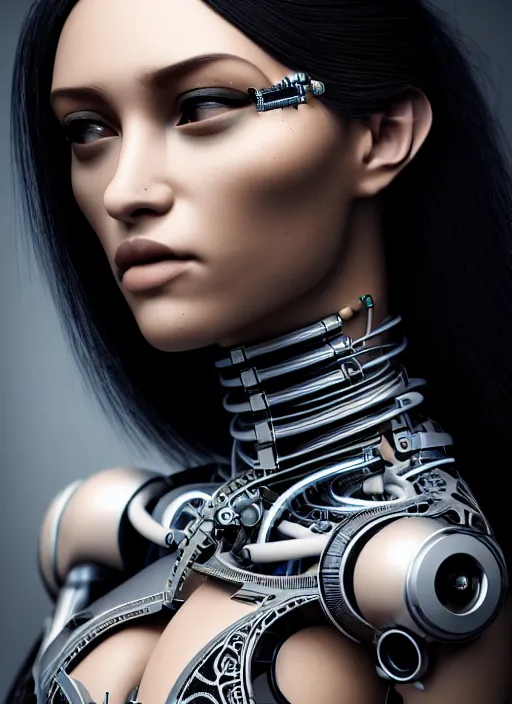 Prompt: a stunning young female cyborg profile face, face is made intricate tribal bio - mechanical, unreal engine, glamor shot, nikon d 7 5 0, closeup, f / 2. 8, low contrast, 1 6 k, rim lighting, optical fiber, cinematic lighting, insanely detailed and intricate, hypermaximalist, elegant, ornate, hyper realistic,