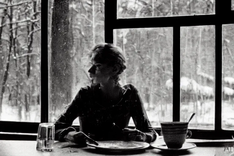 Image similar to soviet movie still a soviet woman sitting at a table next to the window with food, dark warm light, a character portrait by margarita terekhova, movie stalker solaris film still by andrei tarkovsky, 8 k, 1 9 8 4, close - up bokeh, gelios lens, color, noir