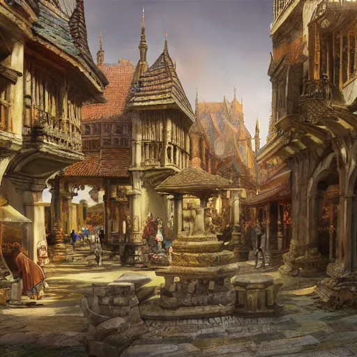 Image similar to a medieval city with temple, market, palace, tavern, beautiful, detailed, temple, market, palace, tavern, concept art illustration, color page, tone mapping, akihiko yoshida, james jean, andrei riabovitchev, marc simonetti, digital illustration, greg rutowski, volumetric lighting, sunbeams, particles