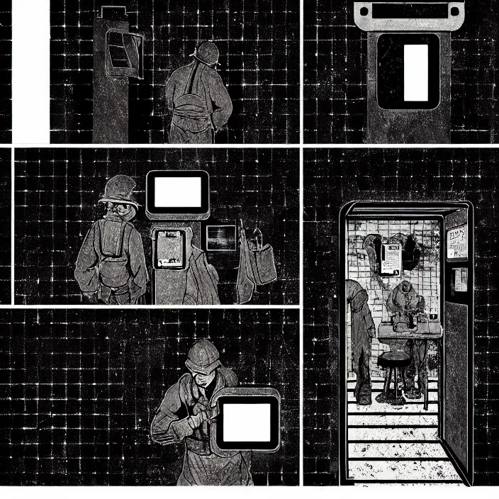 Image similar to sadie sink as a coal miner : inserts a card into a slot. inside a minimalist dirty automated kiosk. bright tasty food options displayed on a wall. black tiles on walls. a seat and table. black and white, pencil and ink. by gabriel hardman, joe alves, chris bonura. cinematic atmosphere, detailed and intricate, perfect anatomy