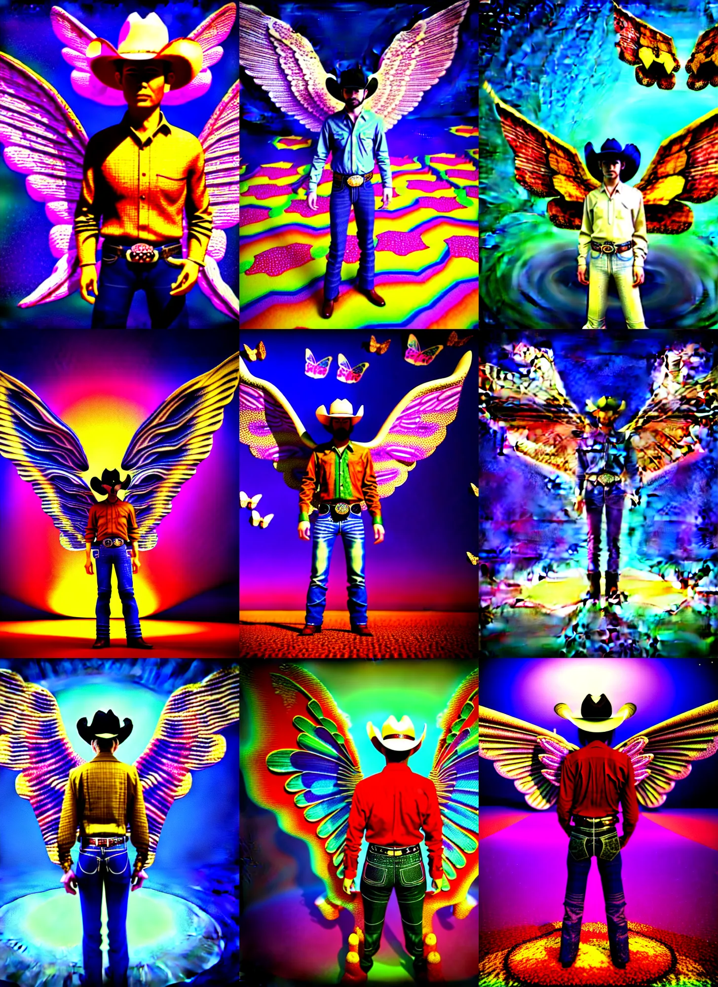 Prompt: vintage cgi 3 d render by ichiro tanida of a nightopian wearing angel wings and a cowboy hat, standing in a big psychedelic landscape background filled with 3 d butterflies and 3 d flowers n the style of micha klein, old cgi 3 d rendered bryce 3 d, wide frontal view