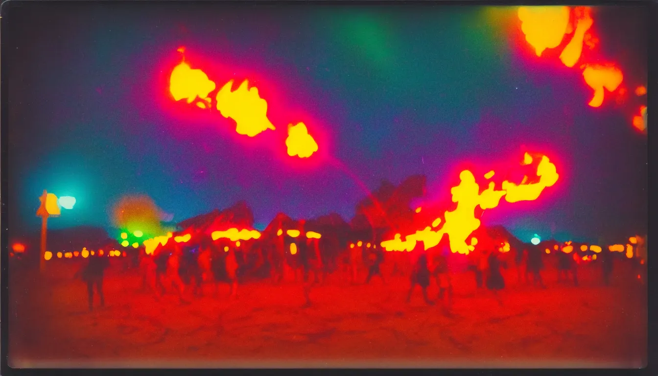 Image similar to colorful instant photograph of burning man at night, polaroid, light leak, raw, nostalgic