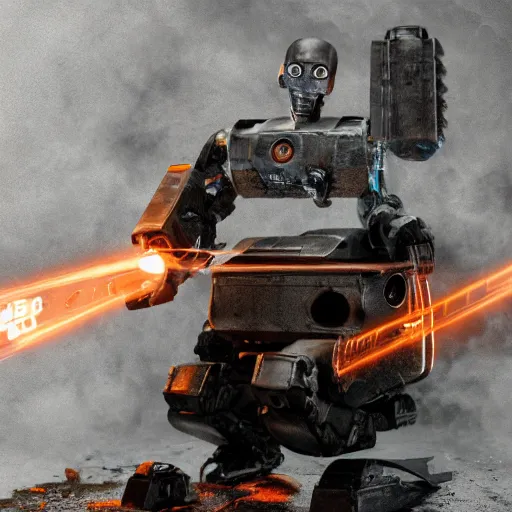 Image similar to toaster oven terminator robot, dark messy smoke - filled cluttered workshop, dark, dramatic lighting, orange tint, sparks, cinematic, highly detailed, sci - fi, futuristic, movie still