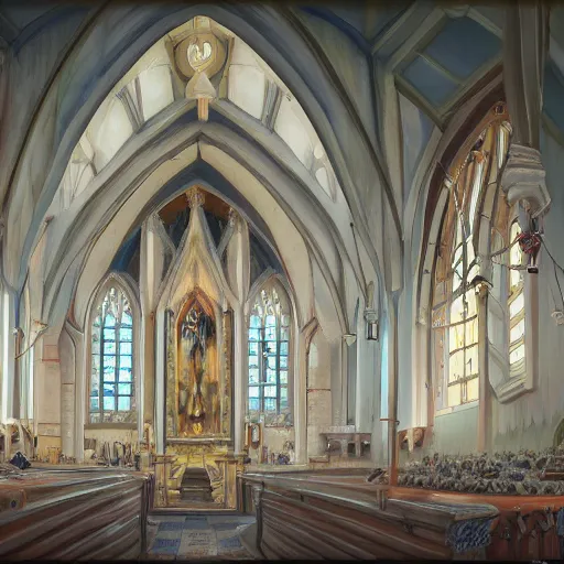 Image similar to a symmetrical cult church, oil painting, pale colors, high detail, 8 k, wide angle, trending on artstation,