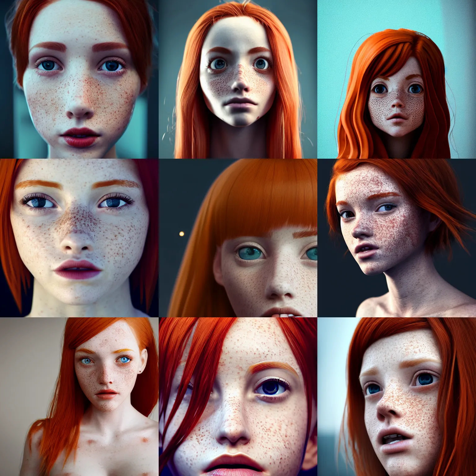 Prompt: waist up photo of a redheaded petite girl with freckles, trending on artstation, very coherent symmetrical artwork, perfect face, 35 mm, cinematic, hyper realism, high detail, octane render, 8k, chrome accents