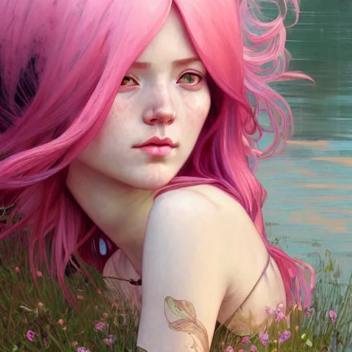 Image similar to Portrait of a girl with pink hair, sitting at the edge of a river, face, detailed, intricate, elegant, highly detailed, digital painting, artstation, concept art, smooth, sharp focus, illustration, art by Krenz Cushart and Artem Demura and alphonse mucha