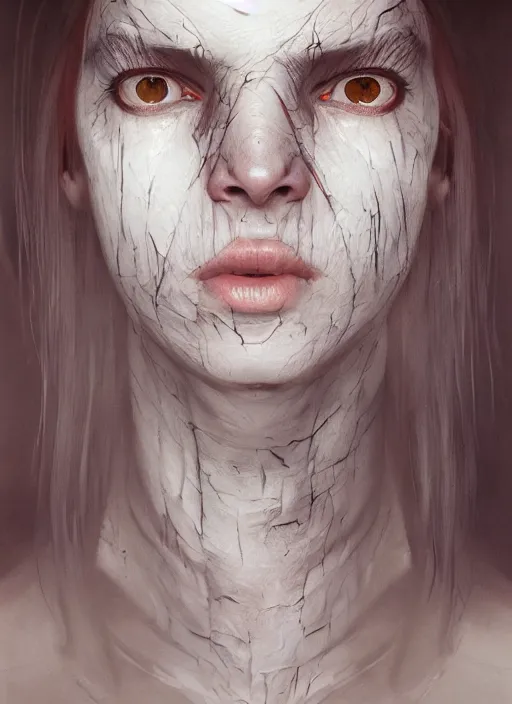 Image similar to portrait of sinister girl with thin evil lips, skeksis, unforgiving, bandaid on nose, expressive eyes, full body, translucent skin, greg rutkowski, charlie bowater, yuumei, stephen gammell, unreal 5, daz, hyperrealistic, octane render, rpg portrait, dynamic lighting, fantasy art, beautiful face